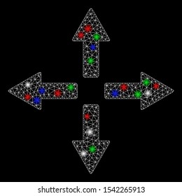 Bright mesh expand arrows with glare effect. White wire carcass polygonal mesh in vector format on a black background. Abstract 2d mesh built from polygonal grid, spheric points, colored flare spots.