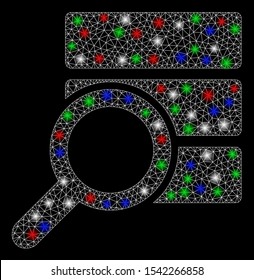Bright mesh explore database with lightspot effect. White wire carcass polygonal mesh in vector format on a black background. Abstract 2d mesh designed with polygonal grid, round dots,