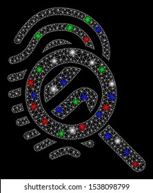 Bright mesh explore fingerprint with lightspot effect. White wire carcass polygonal mesh in vector format on a black background. Abstract 2d mesh designed with triangles, small circle,