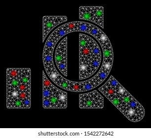 Bright mesh explore graphics with glare effect. White wire carcass polygonal network in vector format on a black background. Abstract 2d mesh built from triangular lines, spheric points,