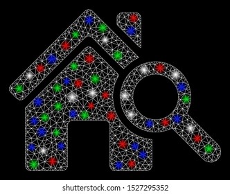 Bright mesh explore house with lightspot effect. White wire frame polygonal mesh in vector format on a black background. Abstract 2d mesh built from polygonal grid, small circle, colored flash spots.