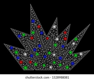 Bright mesh explosion boom with glow effect. White wire carcass triangular mesh in vector format on a black background. Abstract 2d mesh designed with triangular lines, dots, colored flash spots.