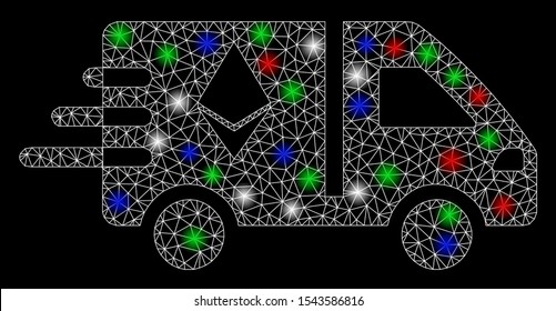 Bright mesh express Ethereum delivery car with glare effect. White wire frame polygonal mesh in vector format on a black background. Abstract 2d mesh designed with polygonal grid, points,
