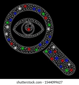 Bright mesh eye explore with glare effect. White wire frame triangular mesh in vector format on a black background. Abstract 2d mesh designed with triangular lines, spheric points,