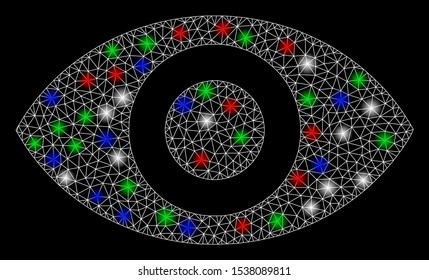 Bright mesh eye with lightspot effect. White wire carcass polygonal mesh in vector format on a black background. Abstract 2d mesh designed with polygonal grid, round dots, colorful flare spots.