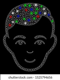 Bright mesh face with glare effect. White wire carcass triangular network in vector format on a black background. Abstract 2d mesh designed with triangular lines, small circle, colorful flare spots.