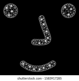 Bright mesh face with glare effect. Abstract illuminated model of face icon. Shiny wire frame polygonal mesh face. Vector abstraction on a black background.