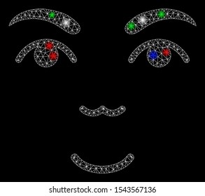 Bright mesh face with glow effect. White wire frame triangular mesh in vector format on a black background. Abstract 2d mesh designed with triangular lines, dots, colored flare spots.