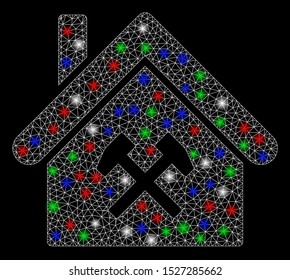 Bright mesh factory with lightspot effect. White wire frame polygonal mesh in vector format on a black background. Abstract 2d mesh designed with polygonal grid, points, colorful flare spots.