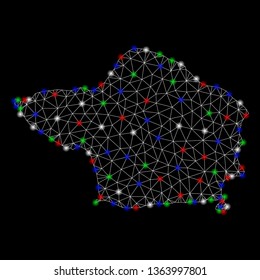 Bright mesh Faial Island map with glare effect. Wire frame polygonal mesh in vector format on a black background. Abstract 2d mesh designed with polygonal grid, round dots, colorful flare spots.