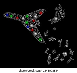 Bright mesh falling passengers from airplane with glare effect. White wire frame triangular mesh in vector format on a black background. Abstract 2d mesh designed with triangles, dots,
