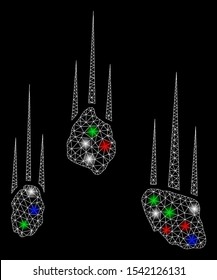 Bright mesh falling rocks with glare effect. White wire frame triangular network in vector format on a black background. Abstract 2d mesh designed with triangular lines, round dots,