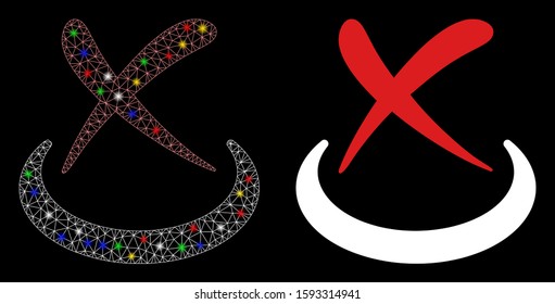 Bright mesh false icon with glare effect. Abstract illuminated model of false. Shiny wire frame polygonal network false icon. Vector abstraction on a black background.