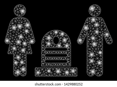 Bright mesh family cemetery with lightspot effect. Abstract illuminated model of family cemetery icon. Shiny wire frame triangular mesh family cemetery. Vector abstraction on a black background.