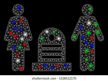 Bright mesh family cemetery with lightspot effect. White wire carcass polygonal network in vector format on a black background. Abstract 2d mesh built from polygonal grid, small circle,