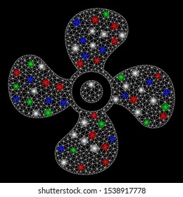 Bright mesh fan with lightspot effect. White wire carcass polygonal mesh in vector format on a black background. Abstract 2d mesh designed with polygonal grid, spheric points, colorful flash spots.