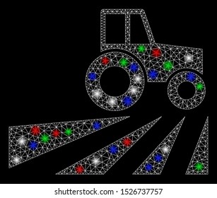 Bright mesh farm field with tractor with lightspot effect. White wire carcass triangular mesh in vector format on a black background. Abstract 2d mesh designed with triangular lines, dots,