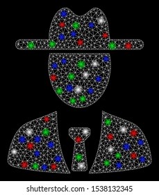 Bright mesh farmer boss with lightspot effect. White wire frame polygonal mesh in vector format on a black background. Abstract 2d mesh designed with polygonal grid, points, colorful light spots.