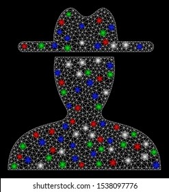 Bright mesh farmer with glare effect. White wire frame polygonal mesh in vector format on a black background. Abstract 2d mesh built from polygonal grid, small circle, colored light spots.
