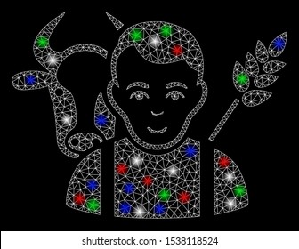 Bright mesh farmer with glare effect. White wire carcass triangular mesh in vector format on a black background. Abstract 2d mesh designed with polygonal grid, small circle, colored flash spots.