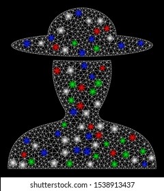 Bright mesh farmer person with lightspot effect. White wire carcass triangular mesh in vector format on a black background. Abstract 2d mesh designed with triangular lines, spheric points,