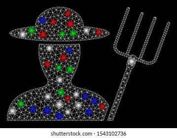 Bright mesh farmer with pitchfork with glare effect. White wire frame polygonal network in vector format on a black background. Abstract 2d mesh designed with polygonal grid, spheric points,