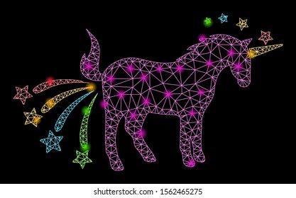 Bright mesh farting unicorn with lightspot effect. Abstract illuminated model of farting unicorn icon. Shiny wire carcass polygonal mesh farting unicorn. Vector abstraction on a black background.