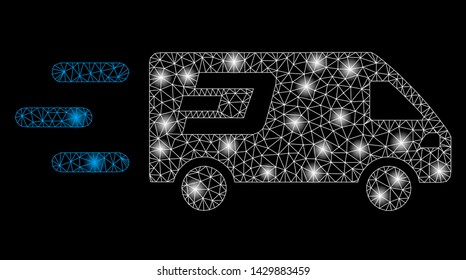 Bright mesh fast Dash delivery car with lightspot effect. Abstract illuminated model of fast Dash delivery car icon. Shiny wire carcass triangular mesh fast Dash delivery car.