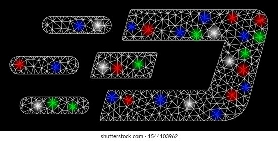Bright mesh fast send Dash with lightspot effect. White wire frame triangular mesh in vector format on a black background. Abstract 2d mesh designed with triangular lines, dots, colored light spots.