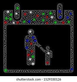 Bright mesh father calendar day with glow effect. White wire carcass polygonal mesh in vector format on a black background. Abstract 2d mesh designed with polygonal grid, round dots,