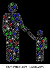 Bright mesh father child with glare effect. White wire carcass polygonal mesh in vector format on a black background. Abstract 2d mesh designed with triangular lines, round dots, colored flare spots.