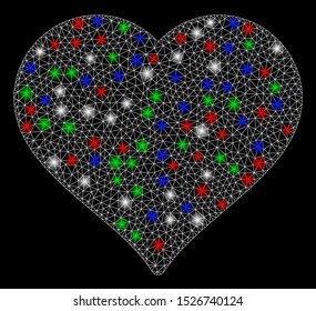 Bright mesh favourite with glare effect. White wire frame triangular mesh in vector format on a black background. Abstract 2d mesh designed with triangular lines, spheric points, colored flash spots.