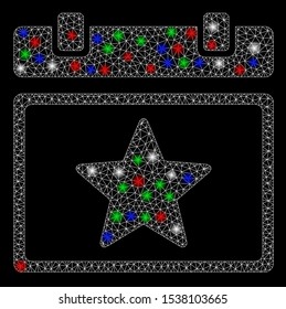 Bright mesh favourites calendar page with glare effect. White wire carcass polygonal mesh in vector format on a black background. Abstract 2d mesh built from polygonal grid, small circle,