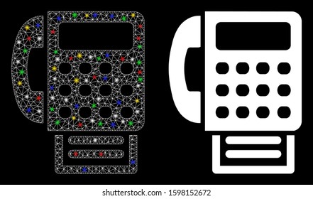 Bright mesh fax machine icon with sparkle effect. Abstract illuminated model of fax machine. Shiny wire carcass polygonal mesh fax machine icon. Vector abstraction on a black background.