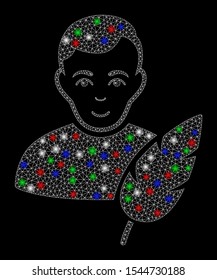 Bright mesh feather writer with glare effect. White wire frame polygonal mesh in vector format on a black background. Abstract 2d mesh built from polygonal grid, spheric points, colored glare spots.