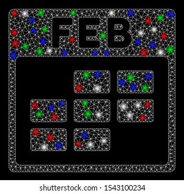 Bright mesh February calendar grid with glow effect. White wire carcass triangular mesh in vector format on a black background. Abstract 2d mesh designed with polygonal grid, dots,