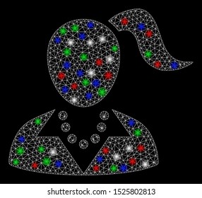 Bright mesh female with glow effect. White wire frame polygonal network in vector format on a black background. Abstract 2d mesh designed with polygonal grid, round dots, colorful flash spots.