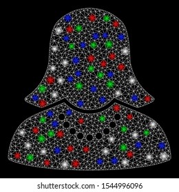 Bright mesh female with glow effect. White wire carcass triangular mesh in vector format on a black background. Abstract 2d mesh designed with polygonal grid, spheric points, colored light spots.