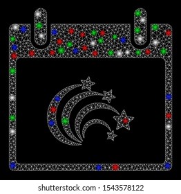 Bright mesh festive fireworks calendar day with glow effect. White wire frame polygonal mesh in vector format on a black background. Abstract 2d mesh designed with polygonal grid, small circle,