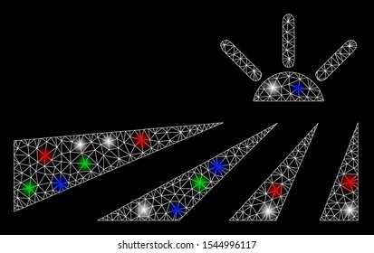 Bright mesh field sunset with glare effect. White wire frame polygonal mesh in vector format on a black background. Abstract 2d mesh designed with polygonal grid, spheric points, colored flare spots.