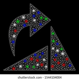 Bright mesh figure rotation CW with glare effect. White wire frame polygonal mesh in vector format on a black background. Abstract 2d mesh created from polygonal grid, round dots, colored flare spots.