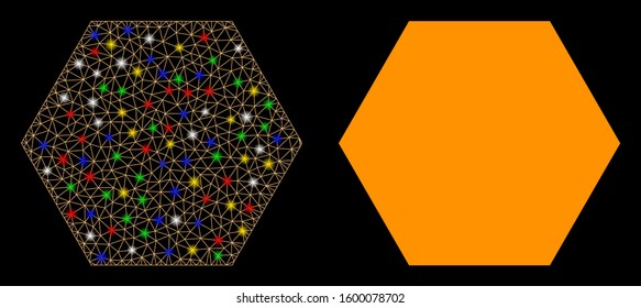 Bright mesh filled hexagon icon with glow effect. Abstract illuminated model of filled hexagon. Shiny wire carcass triangular mesh filled hexagon icon. Vector abstraction on a black background.