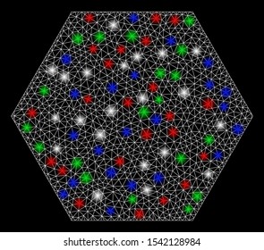 Bright mesh filled hexagon with lightspot effect. White wire frame polygonal mesh in vector format on a black background. Abstract 2d mesh designed with triangular lines, small circle,
