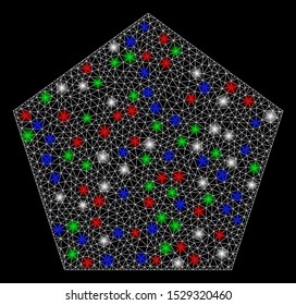 Bright mesh filled pentagon with lightspot effect. White wire frame polygonal mesh in vector format on a black background. Abstract 2d mesh created from polygonal grid, points, colorful flash spots.