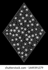 Bright mesh filled rhombus with glitter effect. Abstract illuminated model of filled rhombus icon. Shiny wire frame polygonal mesh filled rhombus. Vector abstraction on a black background.