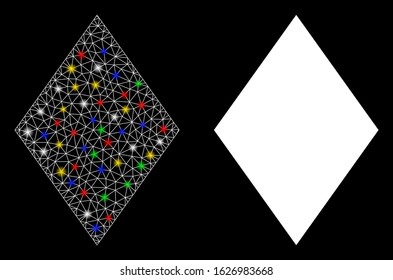 Bright mesh filled rhombus icon with glare effect. Abstract illuminated model of filled rhombus. Shiny wire carcass triangular mesh filled rhombus icon. Vector abstraction on a black background.