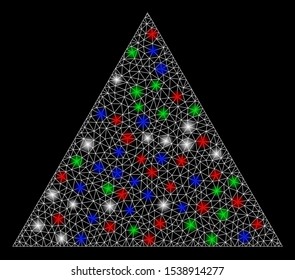 Bright mesh filled triangle with glare effect. White wire carcass triangular mesh in vector format on a black background. Abstract 2d mesh built from triangular lines, spheric points,