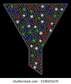 Bright mesh filter with glare effect. White wire frame triangular mesh in vector format on a black background. Abstract 2d mesh built from triangular lines, dots, colored glare spots.