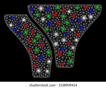 Bright mesh filters with glare effect. White wire frame polygonal mesh in vector format on a black background. Abstract 2d mesh designed with polygonal grid, dots, colorful glare spots.