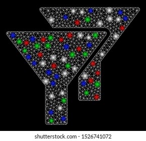 Bright mesh filters with glow effect. White wire frame triangular network in vector format on a black background. Abstract 2d mesh designed with triangular lines, spheric points, colorful flash spots.